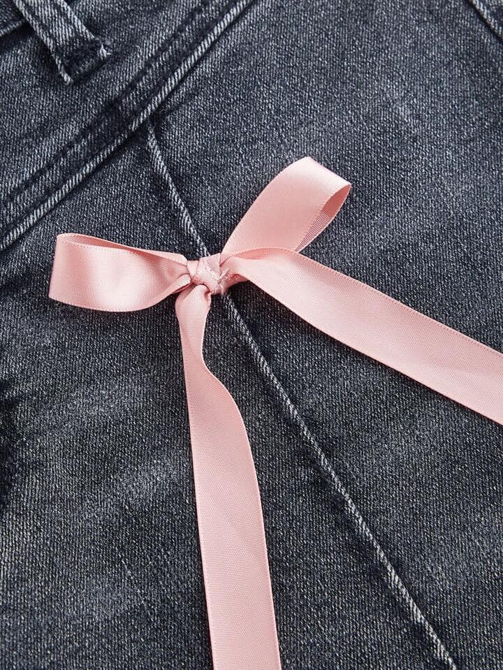 CM-BS154564 Women Casual Seoul Style Bow-Tie Decorated Flared Leg Denim Jeans