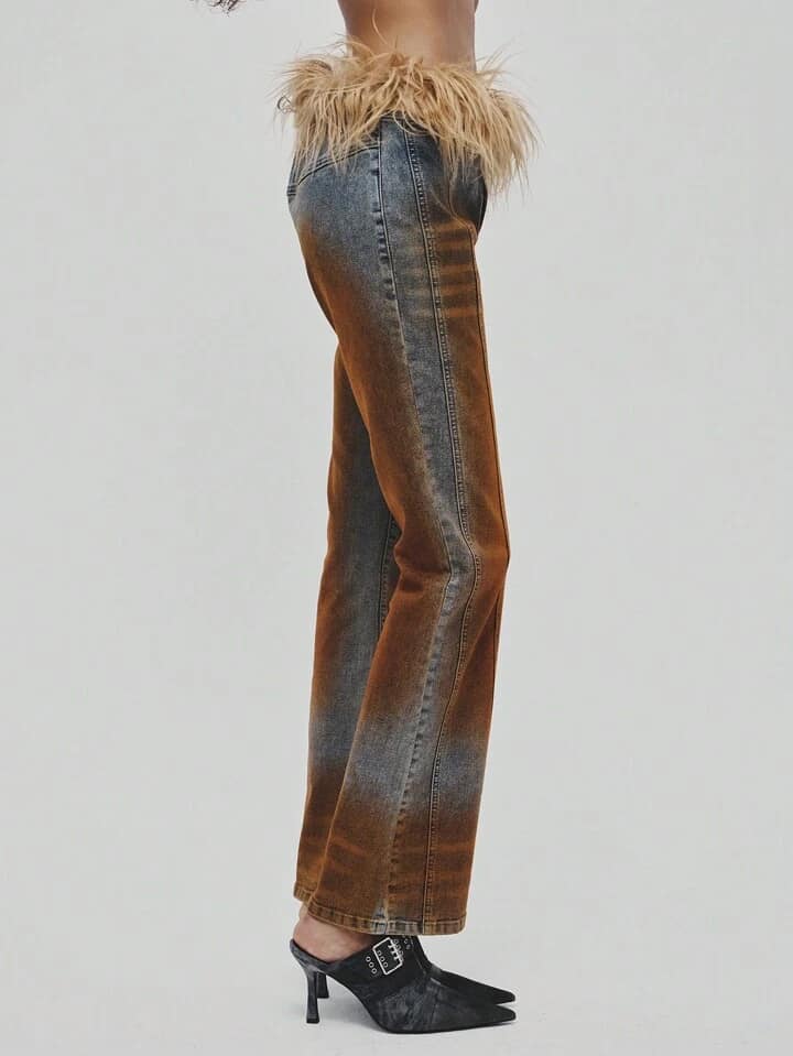 CM-BS152133 Women Casual Seoul Style Feather Decor Contrast Color Washed Denim Jeans