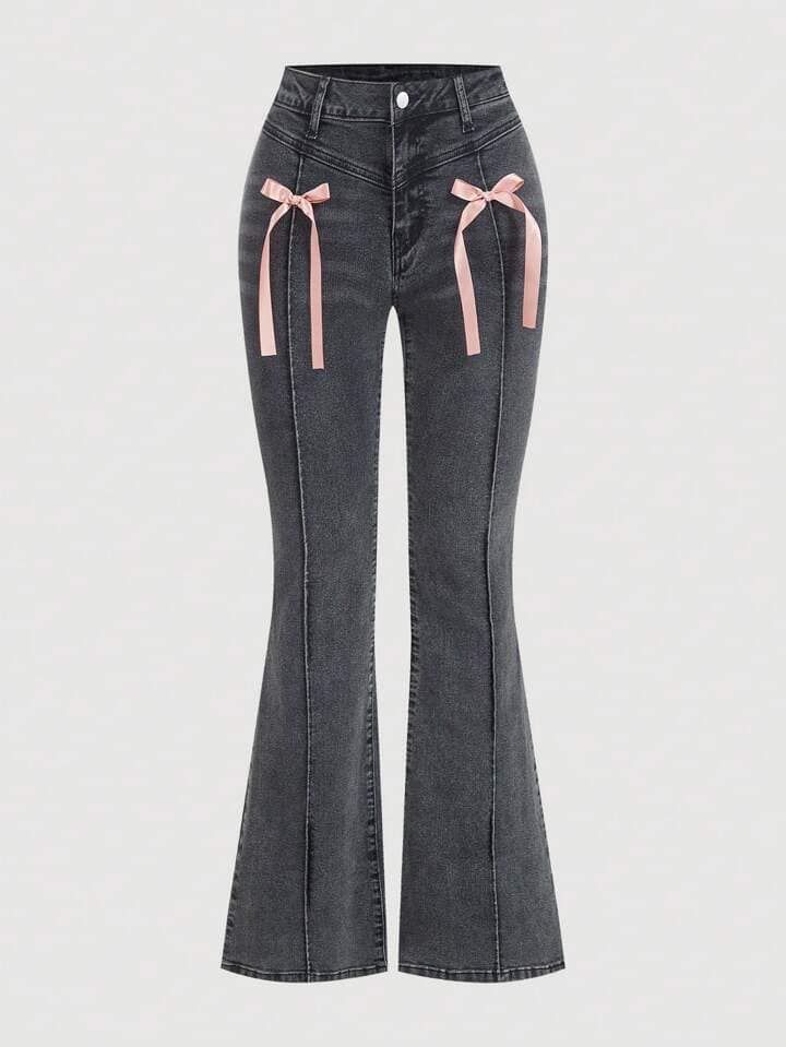 CM-BS154564 Women Casual Seoul Style Bow-Tie Decorated Flared Leg Denim Jeans
