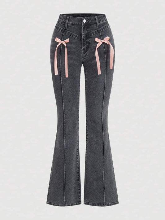 CM-BS154564 Women Casual Seoul Style Bow-Tie Decorated Flared Leg Denim Jeans