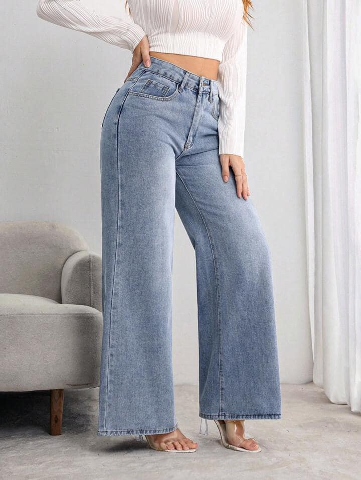 CM-BS556793 Women Casual Seoul Style Front Button Pocket High Waist Straight Leg Jeans - Blue