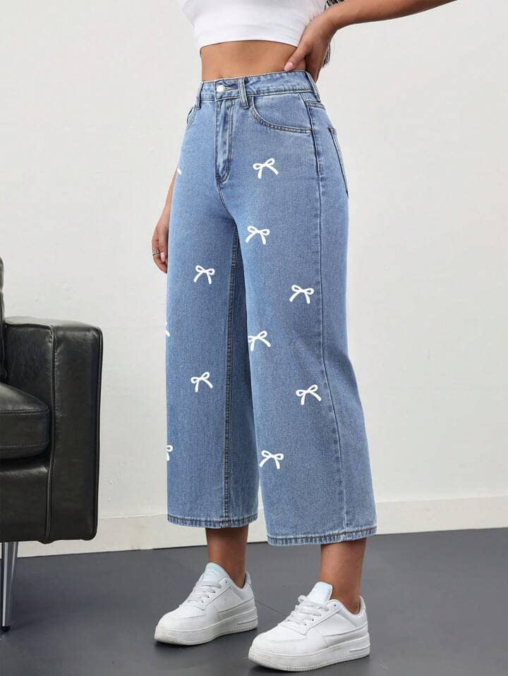 CM-BS052948 Women Casual Seoul Style Front Button Pocket Bow Tie All-Over Print Denim Pants