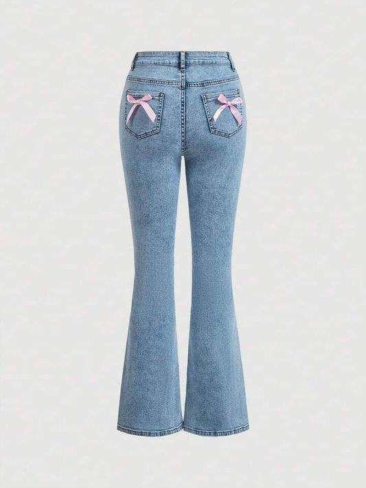 CM-BS534651 Women Casual Seoul Style Bow Embellishment Flare Versatile Denim Jeans - Blue