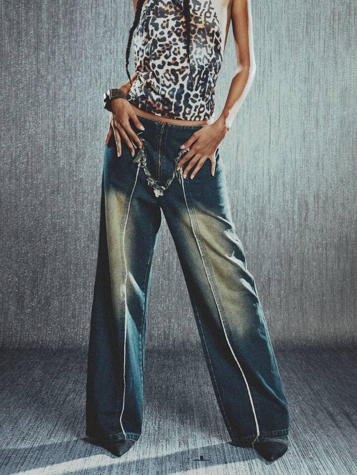 CM-BS090009 Women Casual Seoul Style Frayed Hem Flare Wide Leg Jeans - Blue