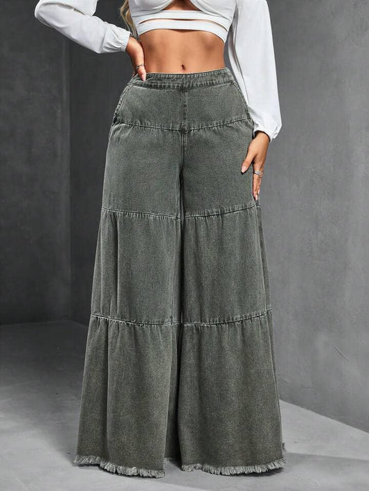 CM-BS924022 Women Casual Seoul Style Loose Distressed Hem Patchwork Denim Jeans