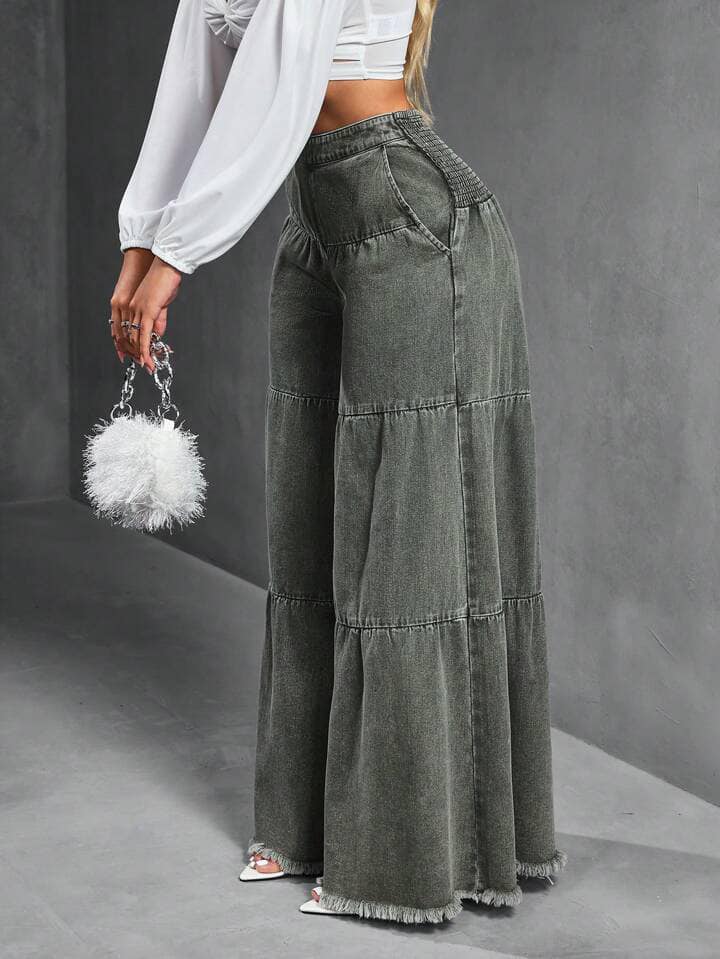 CM-BS924022 Women Casual Seoul Style Loose Distressed Hem Patchwork Denim Jeans