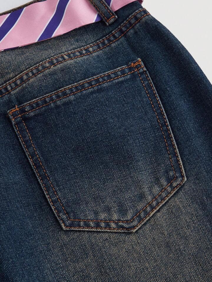CM-BS808007 Women Casual Seoul Style Contrast Color Bow Decor Denim Jeans - Blue