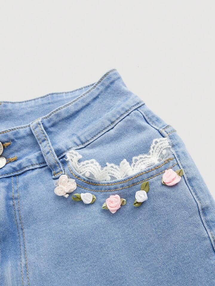 CM-BS111528 Women Casual Seoul Style Light Wash 3D Floral Decor Flared Jeans