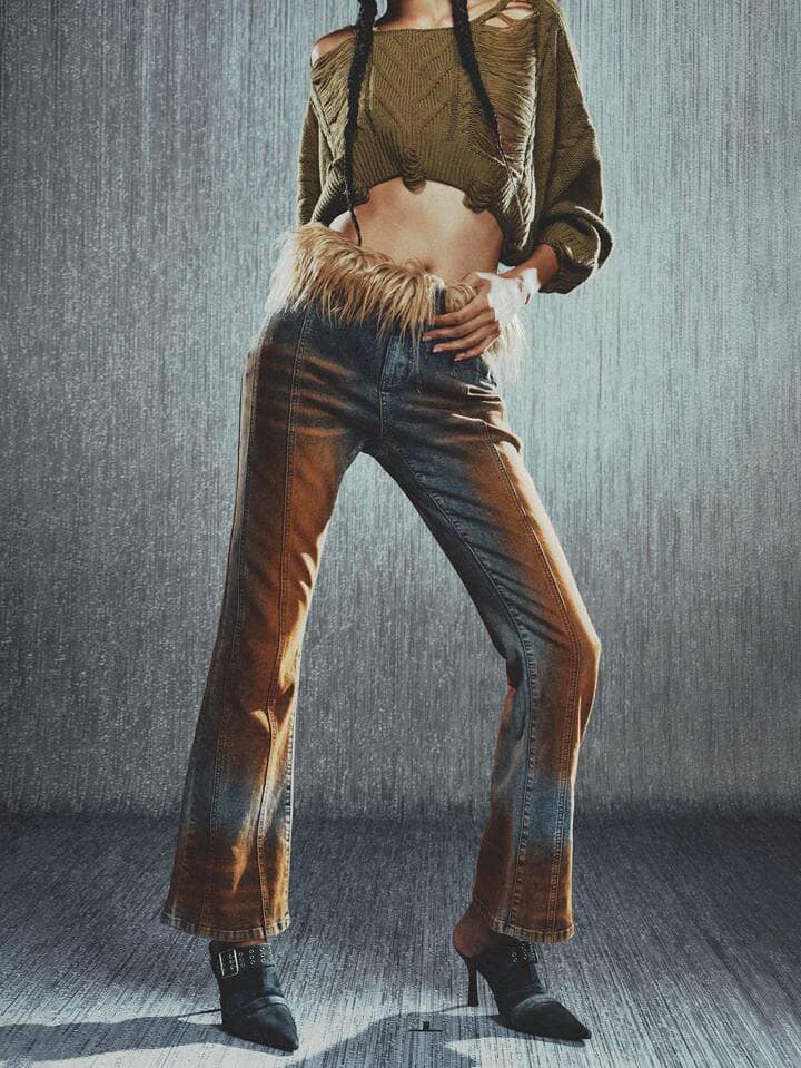 CM-BS152133 Women Casual Seoul Style Feather Decor Contrast Color Washed Denim Jeans