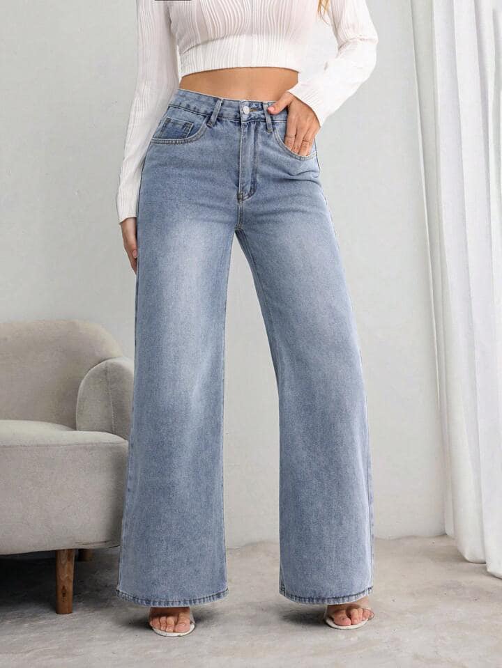 CM-BS556793 Women Casual Seoul Style Front Button Pocket High Waist Straight Leg Jeans - Blue