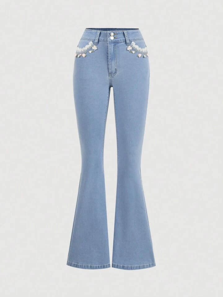 CM-BS111528 Women Casual Seoul Style Light Wash 3D Floral Decor Flared Jeans