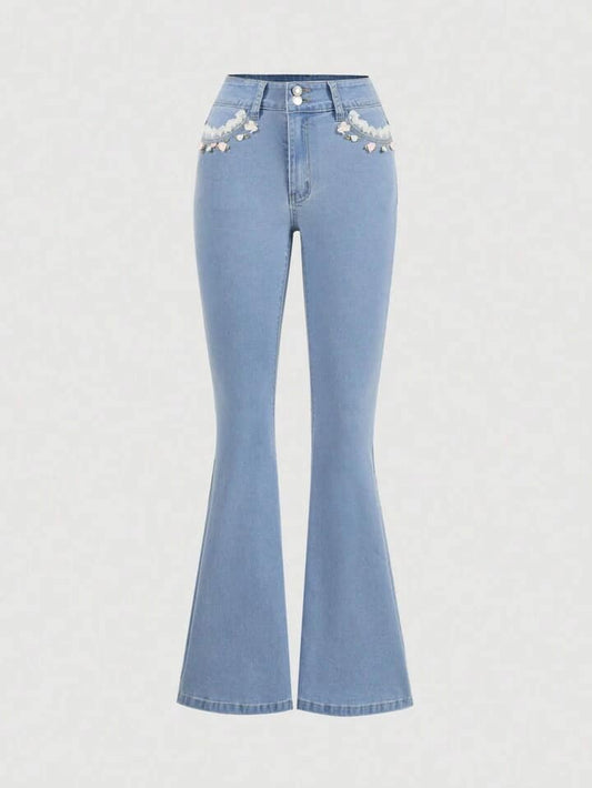 CM-BS111528 Women Casual Seoul Style Light Wash 3D Floral Decor Flared Jeans