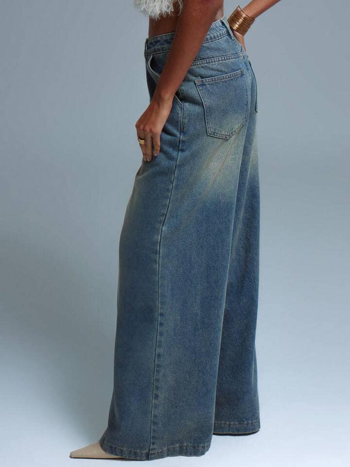CM-BS161196 Women Casual Seoul Style Ultra Low Waist Wide Leg Washed Denim Jeans