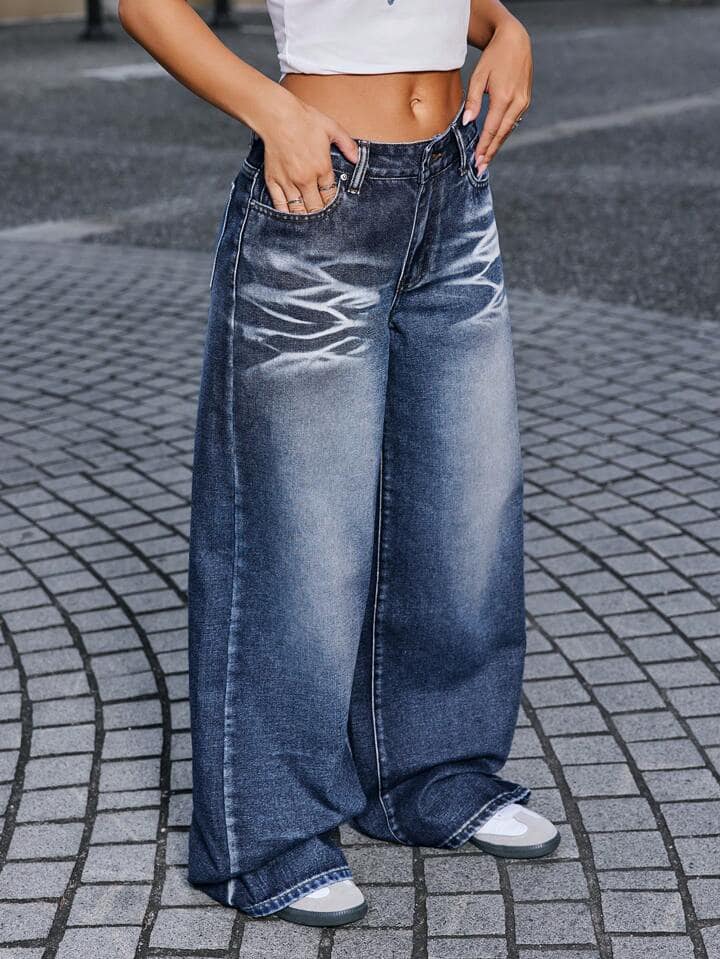 CM-BS697318 Women Casual Seoul Style Front Button Pocket Wide Leg Jeans - Dark Gray
