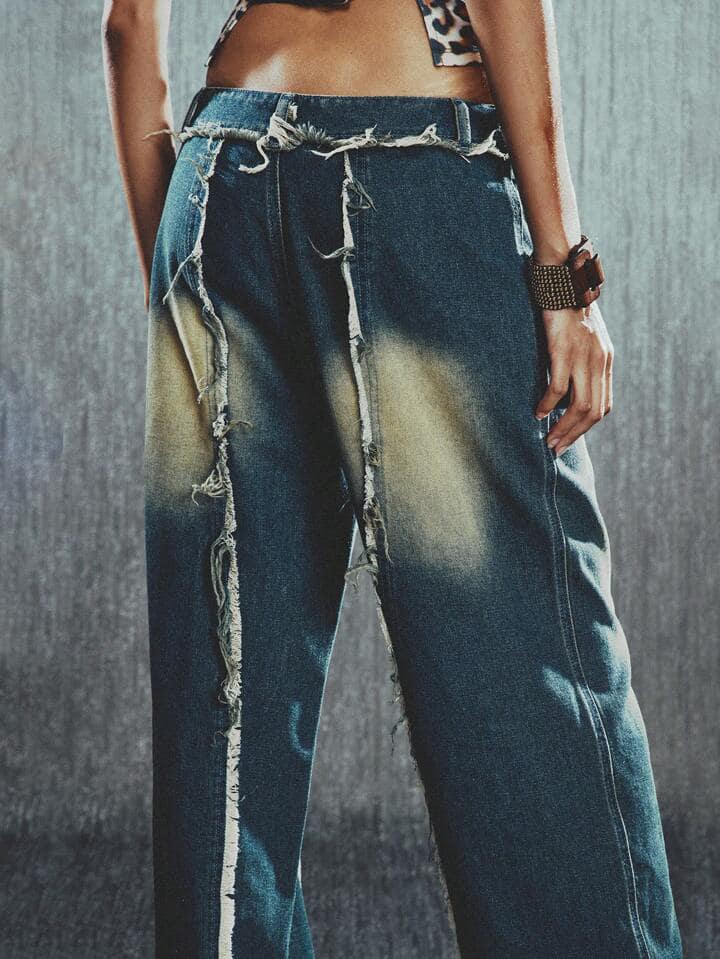 CM-BS090009 Women Casual Seoul Style Frayed Hem Flare Wide Leg Jeans - Blue