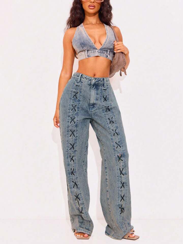 CM-BS549708 Women Casual Seoul Style Criss-Cross Stitched High Waist Straight-Leg Jeans