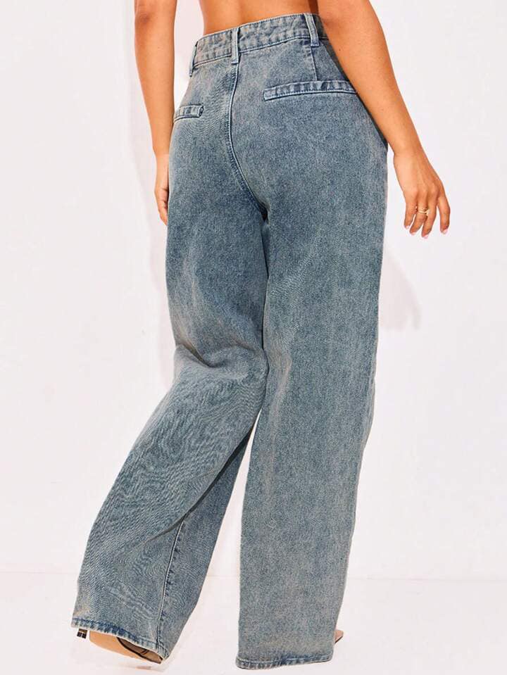 CM-BS549708 Women Casual Seoul Style Criss-Cross Stitched High Waist Straight-Leg Jeans