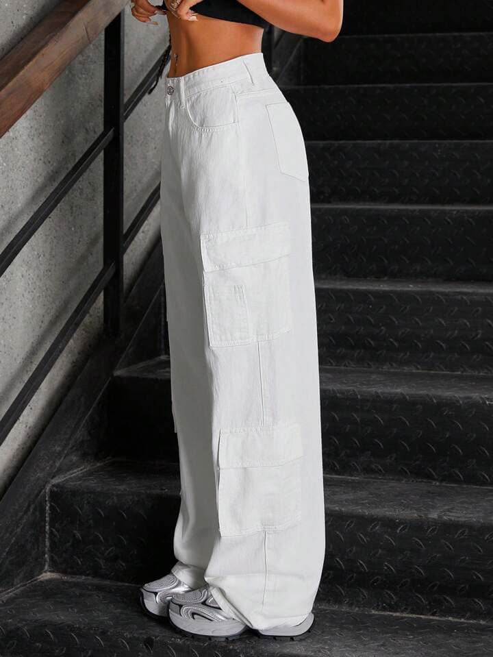 CM-BS998999 Women Casual Seoul Style High Waist Washed Denim Cargo Pants - White
