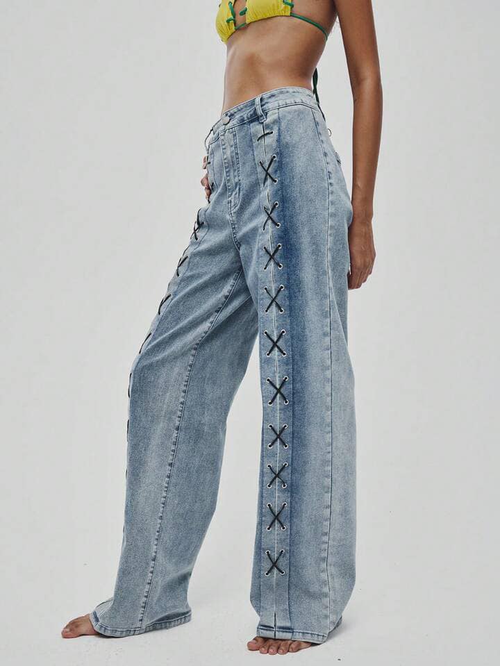 CM-BS549708 Women Casual Seoul Style Criss-Cross Stitched High Waist Straight-Leg Jeans