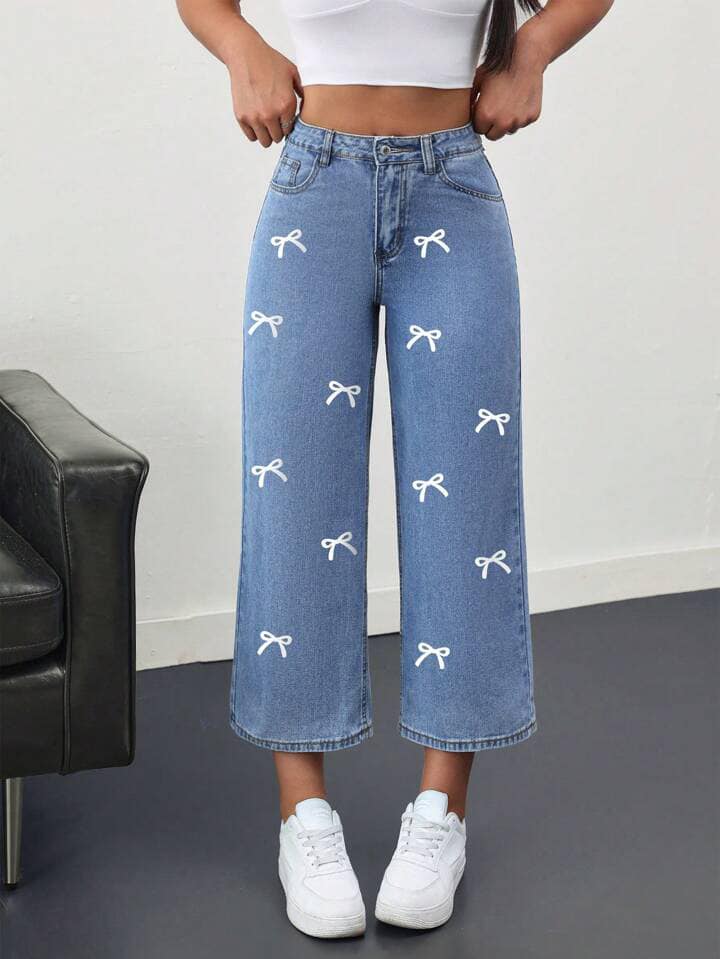 CM-BS052948 Women Casual Seoul Style Front Button Pocket Bow Tie All-Over Print Denim Pants