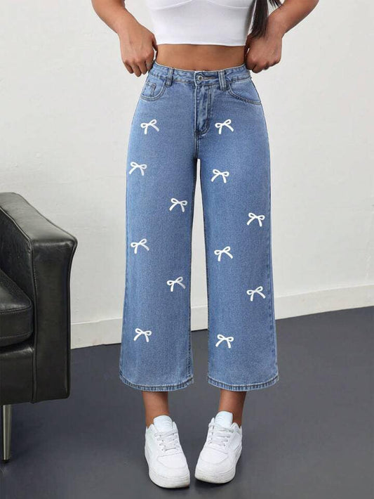 CM-BS052948 Women Casual Seoul Style Front Button Pocket Bow Tie All-Over Print Denim Pants