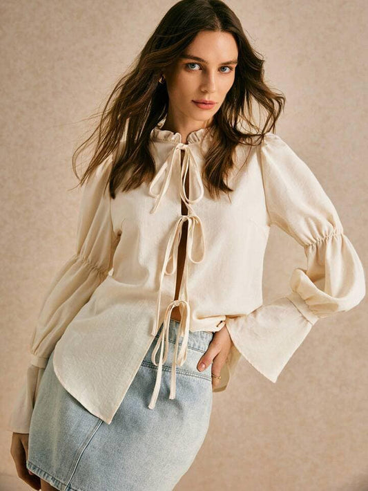 CM-TS107170 Women Casual Seoul Style Solid Color Ruffle Edge Front Tie Long Sleeve Blouse