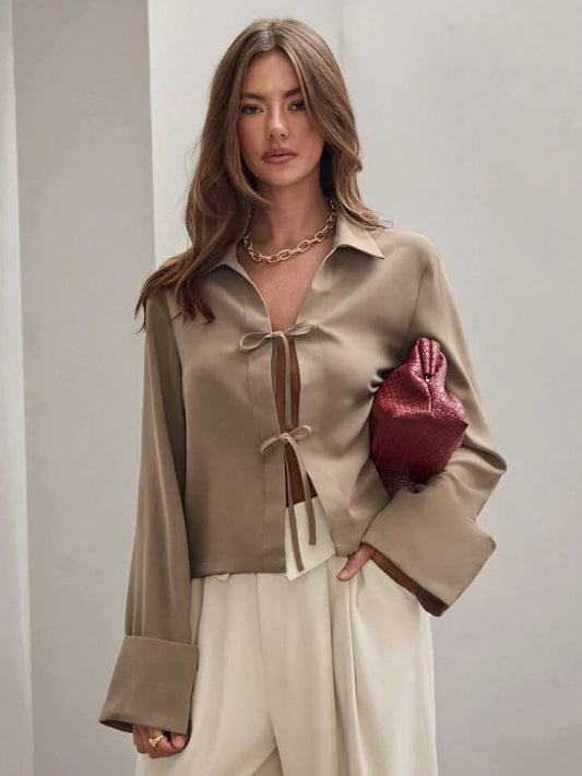 CM-TS821501 Women Trendy Bohemian Style Shirt Collar Front Tie Long Sleeve Shirt - Khaki