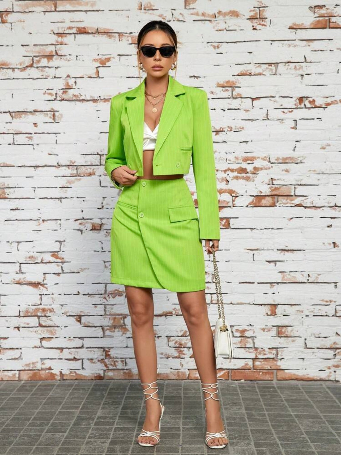 CM-SS429526 Women Elegant Seoul Style Stripe Cropped Jacket With Wrapped Skirt Suit - Green