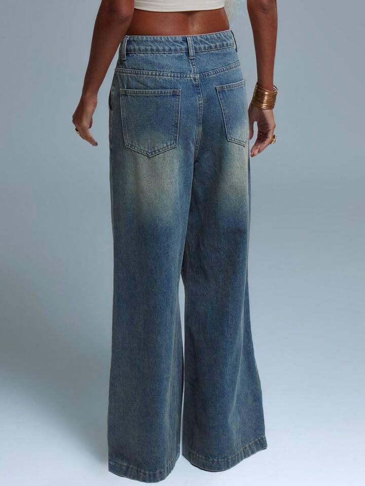 CM-BS161196 Women Casual Seoul Style Ultra Low Waist Wide Leg Washed Denim Jeans