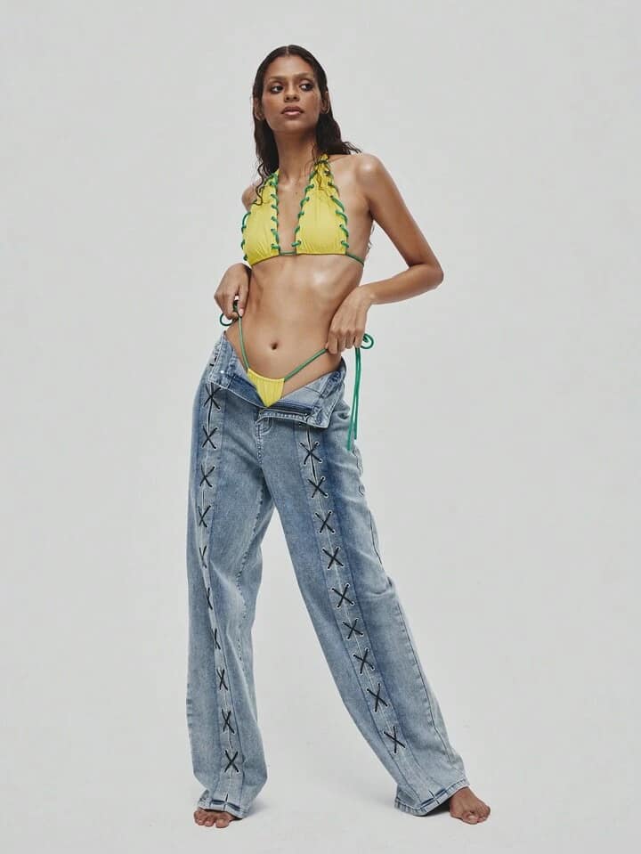 CM-BS549708 Women Casual Seoul Style Criss-Cross Stitched High Waist Straight-Leg Jeans
