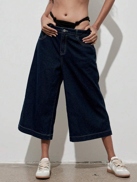 CM-BS243404 Women Casual Seoul Style Dark Wash Drop Waist Wide Leg Capri Jeans