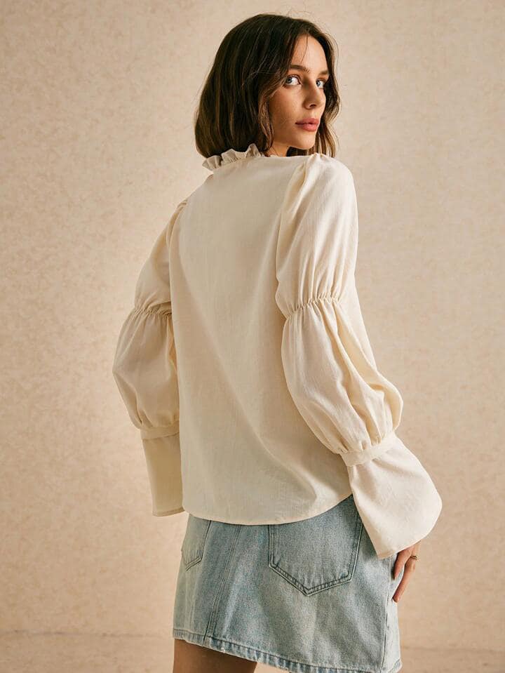 CM-TS107170 Women Casual Seoul Style Solid Color Ruffle Edge Front Tie Long Sleeve Blouse