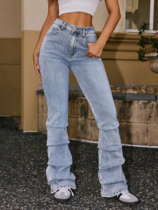 CM-BS224972 Women Casual Seoul Style Pocketed Pleated Extra Long Flared Leg Jeans - Gray