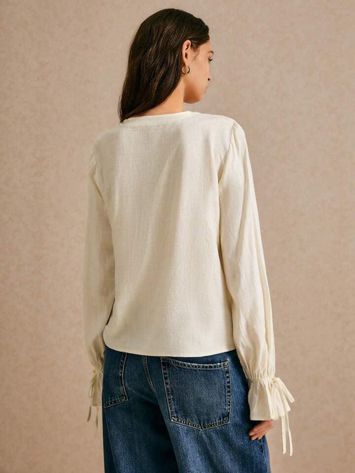 CM-TS877851 Women Trendy Bohemian Style Solid Color Ruffle Hem Drawstring Shirt - Beige