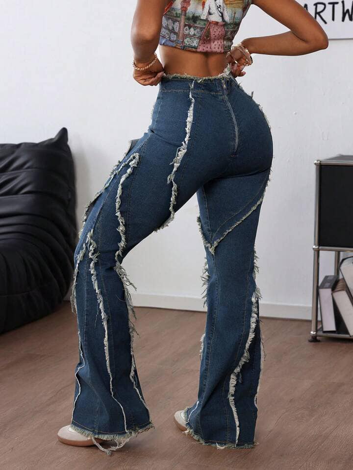 CM-BS066455 Women Casual Seoul Style Drop Waist Frayed Hem Flared Jeans - Blue