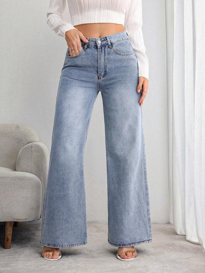 CM-BS556793 Women Casual Seoul Style Front Button Pocket High Waist Straight Leg Jeans - Blue