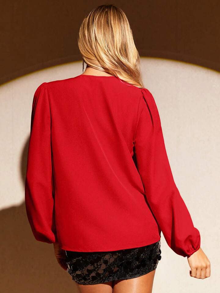 CM-TS644015 Women Elegant Seoul Style 3D Floral Decor Overlapped V-Neck Long Sleeve Blouse