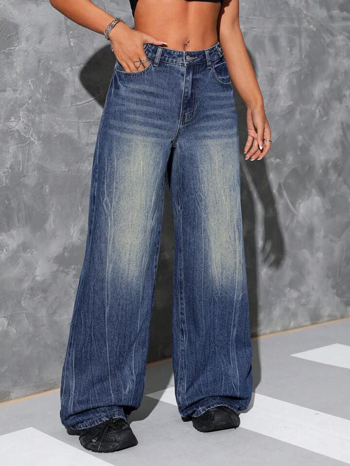 CM-BS324794 Women Casual Seoul Style Wide Leg Loose Pockets Denim Pants - Blue