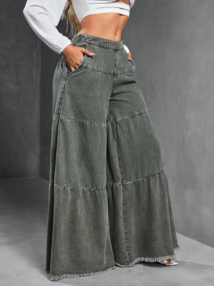 CM-BS924022 Women Casual Seoul Style Loose Distressed Hem Patchwork Denim Jeans