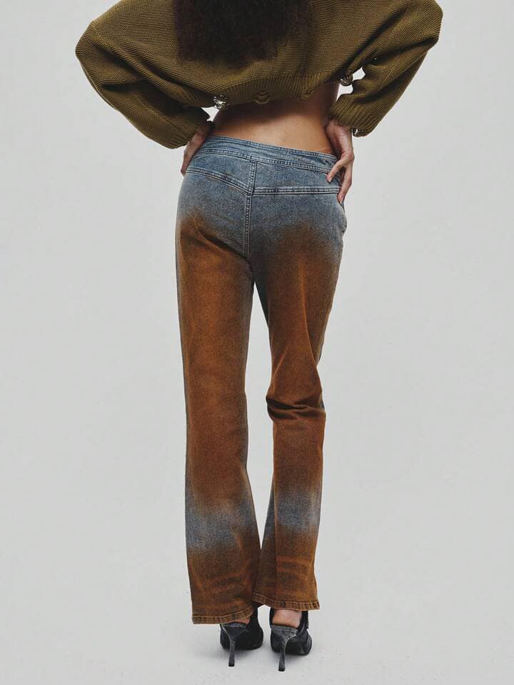 CM-BS152133 Women Casual Seoul Style Feather Decor Contrast Color Washed Denim Jeans