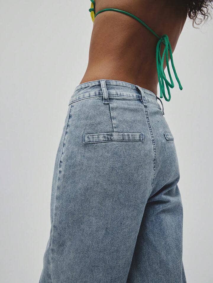 CM-BS549708 Women Casual Seoul Style Criss-Cross Stitched High Waist Straight-Leg Jeans