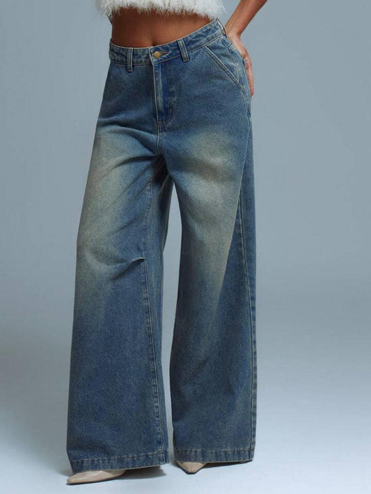 CM-BS161196 Women Casual Seoul Style Ultra Low Waist Wide Leg Washed Denim Jeans