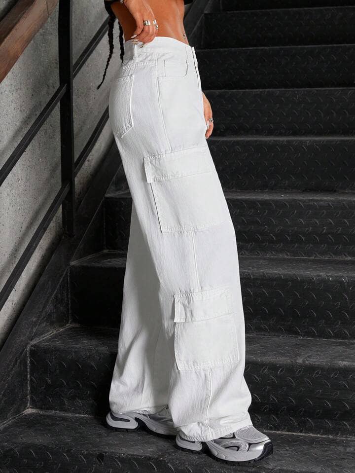 CM-BS998999 Women Casual Seoul Style High Waist Washed Denim Cargo Pants - White