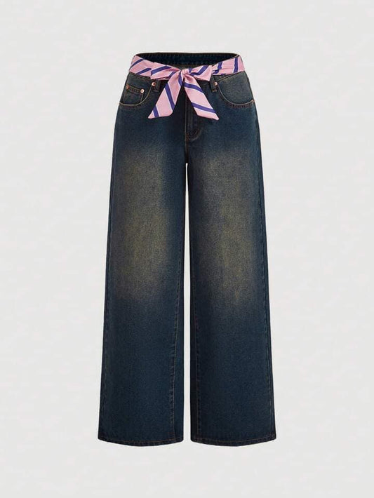 CM-BS808007 Women Casual Seoul Style Contrast Color Bow Decor Denim Jeans - Blue
