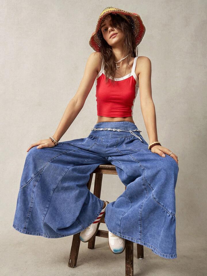 CM-BS562441 Women Casual Seoul Style Elastic Waist Irregular Patchwork Wide Leg Pants - Navy Blue