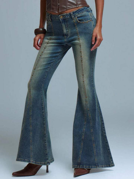 CM-BS187828 Women Casual Seoul Style Low Rise Studded Flare Leg Jeans