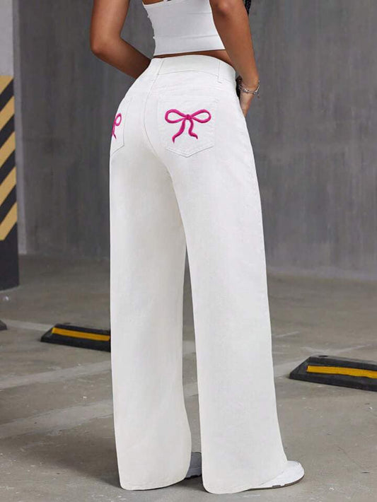 CM-BS761692 Women Casual Seoul Style Embroidery Bow Loose Wide-Leg Denim Pants - White