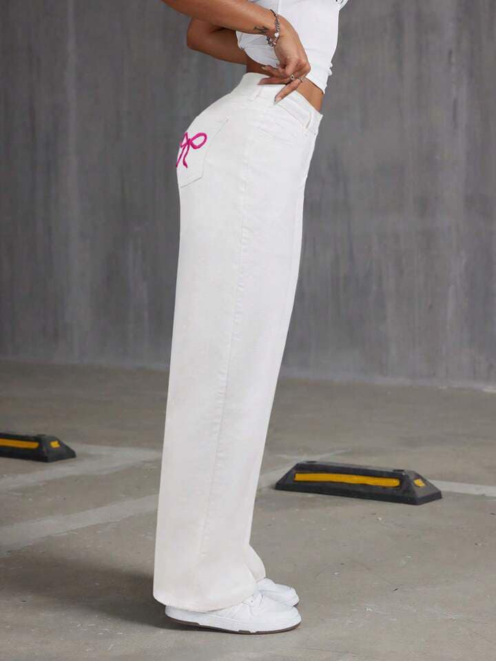 CM-BS761692 Women Casual Seoul Style Embroidery Bow Loose Wide-Leg Denim Pants - White