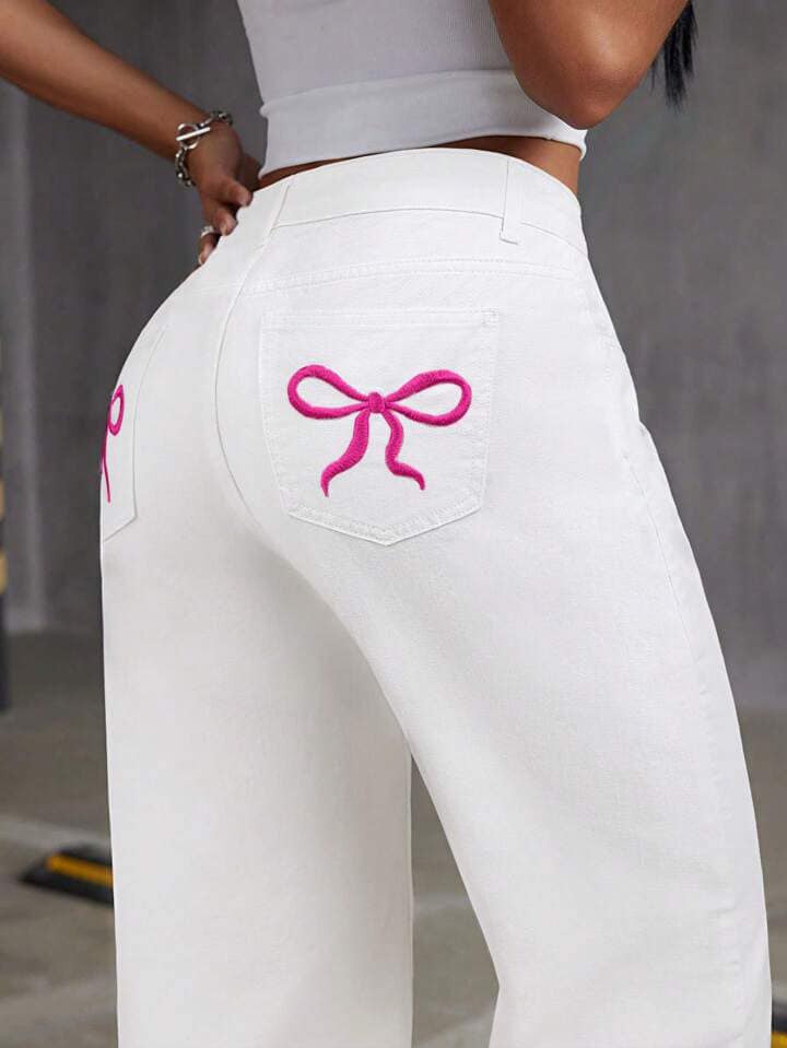 CM-BS761692 Women Casual Seoul Style Embroidery Bow Loose Wide-Leg Denim Pants - White