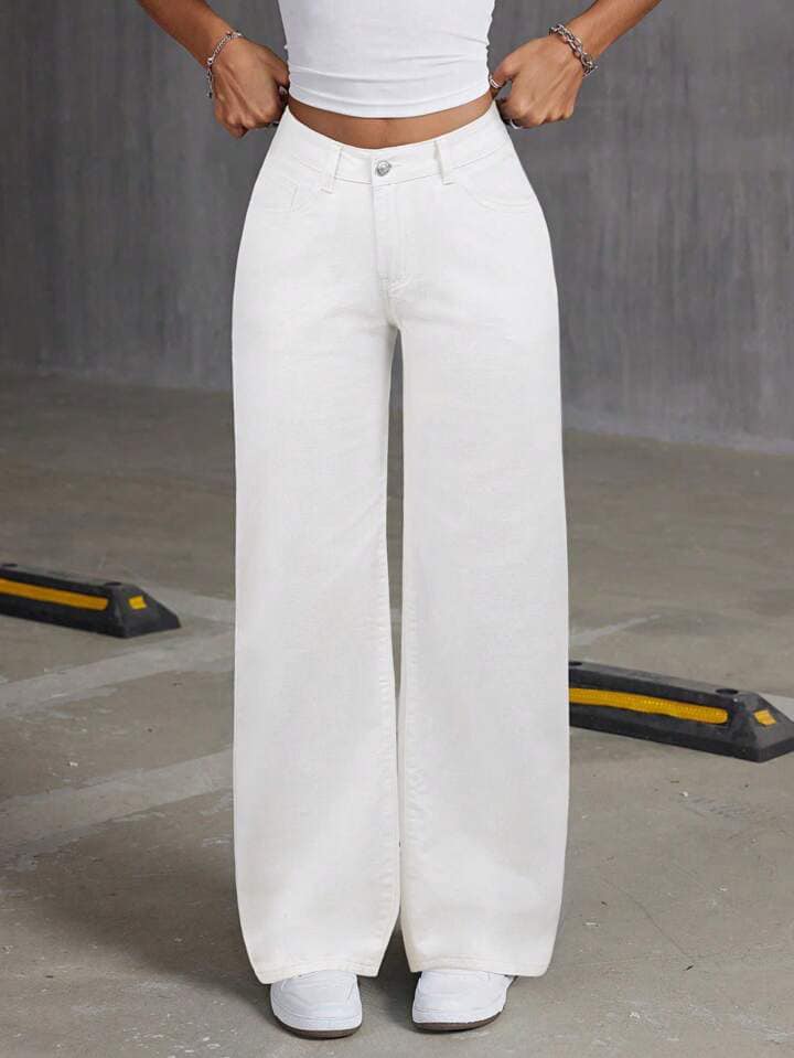 CM-BS761692 Women Casual Seoul Style Embroidery Bow Loose Wide-Leg Denim Pants - White